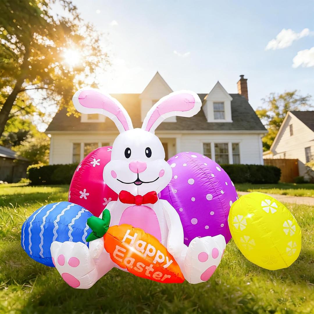 Elegear 6.1FT Easter Bunny & Eggs Inflatable Outdoor Decoration, Lighted Easter Blow Up with Happy Easter Carrot for Lawn, Garden, Yard, Holiday Party & Spring Decor