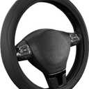 Road Comforts Leather Steering Wheel Cover with Decorative Trim and Piping, Anti-Slip Breathable Design, Fits 14.5–15 Inch Round Steering Wheels, Snug Fit, Stylish Interior Upgrade - Black