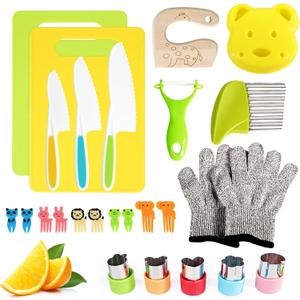 26 Pcs Kids Knife Set, Montessori Kitchen Tools for Toddlers' Real Cooking, BPA Free Knife Set Includes Crinkle Cutters Kid Safe Knives Cutting Board Peeler, Kitchen Tools for 4+ Year Old Girl Boy