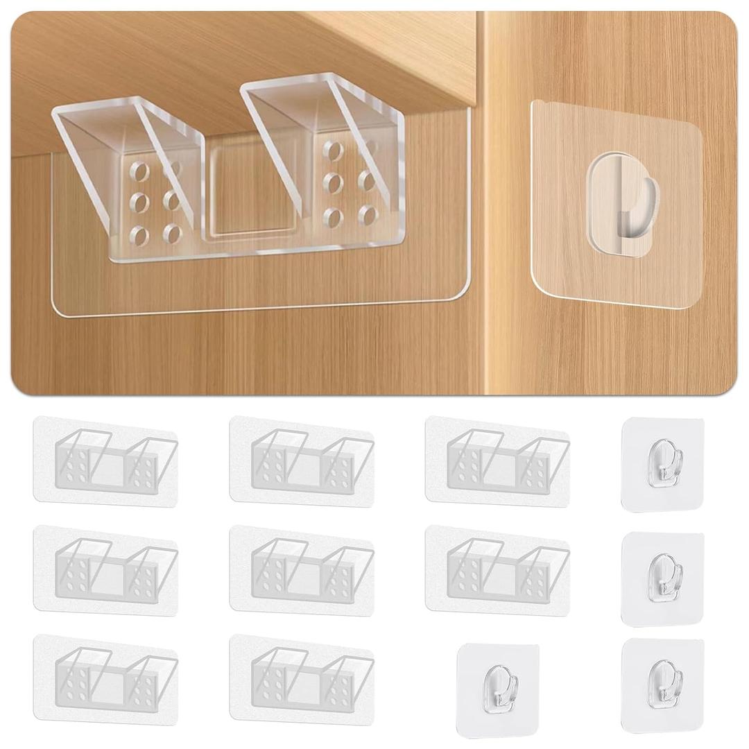 8-Pack Clear Adhesive Double Shelf Brackets & 4 Heavy-Duty Hooks, 5.9x2.8 Inch PVC Shelf Supports & 2.4x2.4 Inch Sticky Hooks for Cabinet, Closet, Bathroom  No Drill, Space-Saving Organizer