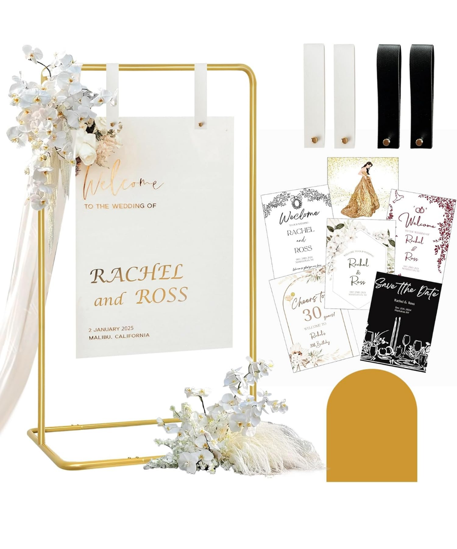 Wedding Sign Holder, Adjustable Welcome to Our Wedding Sign Stand W/Design Bundle & Leather Sign Hanging Straps, Heavy Duty Easel Stand for Sign, Wedding Seating Chart Stand, Easel for Display (Gold)