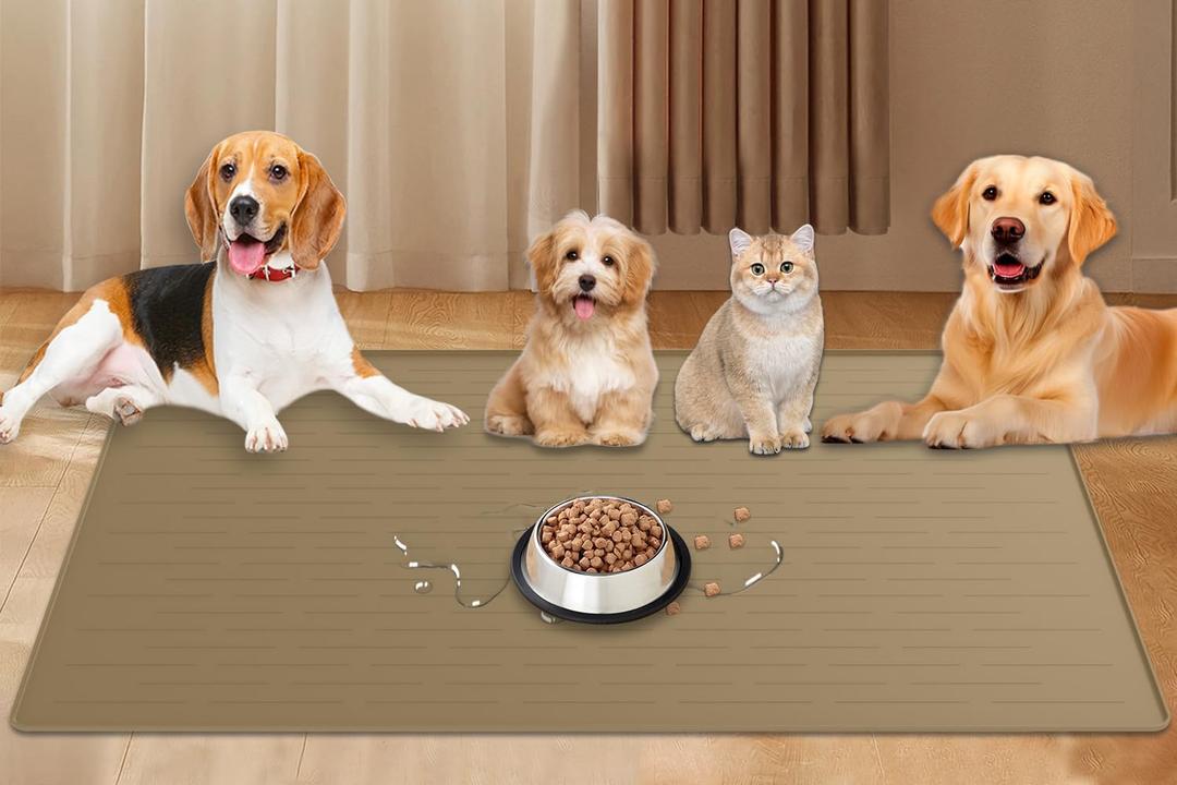 48"x32"(120cmx80cm) Largest Dog Food Mat, XXXL Waterproof Pet Feeding Mat for Floors, Silicone Dog Bowl Mat Tray for Food and Water, Light Brown