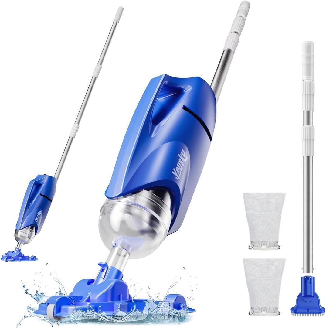 Cordless Pool Vacuum for Above Ground & Inground Pools, 18.5GPM Suction with 2 Brush Heads for Leaves, Debris, 20-69" Telescopic Pole Back-Friendly Cleaning, Hot Tub Spa Handheld Cleaner (Blue)
