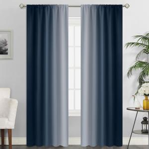 SimpleHome Ombre Room Darkening Curtains for Living Room, Rod Pocket Light Blocking Gradient Navy Blue to Greyish White Thermal Insulated Window Drapes for Bedroom, 2 Panels, 52x90 inches Length