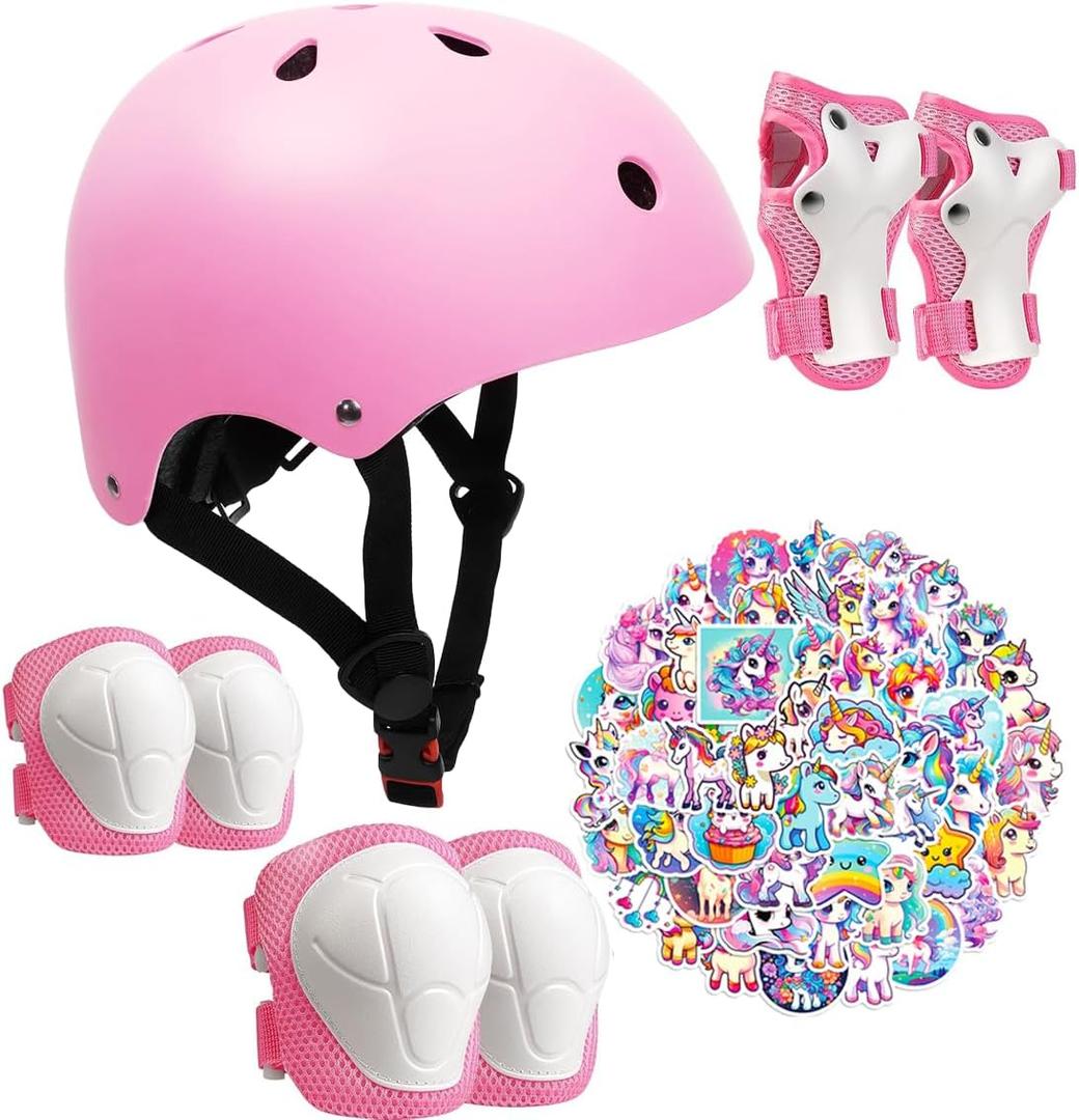 Kids Bike Helmet Set,CPSC Certified with Knee Elbow Wrist Pads Guards,Toddler Adjustable Blue Helmet for Girl Child,Sports Protective Gear Set for Bicycle Skate Scooter Rollerblading, Pink, Small: 18"-22"/ 2-8 years old