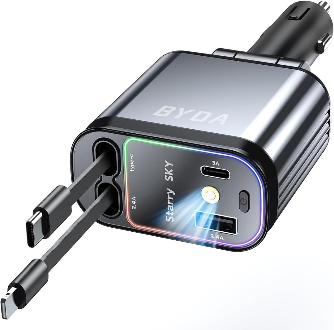 4 in 1 Retractable Car Charger with Starry Light,69W USB-C Fast Car Charger, for iPhone 17/16/15/14/13/12/11, Android,Pixel,Cigarette Lighter Charger (Grey, for Lightning+USB-C)