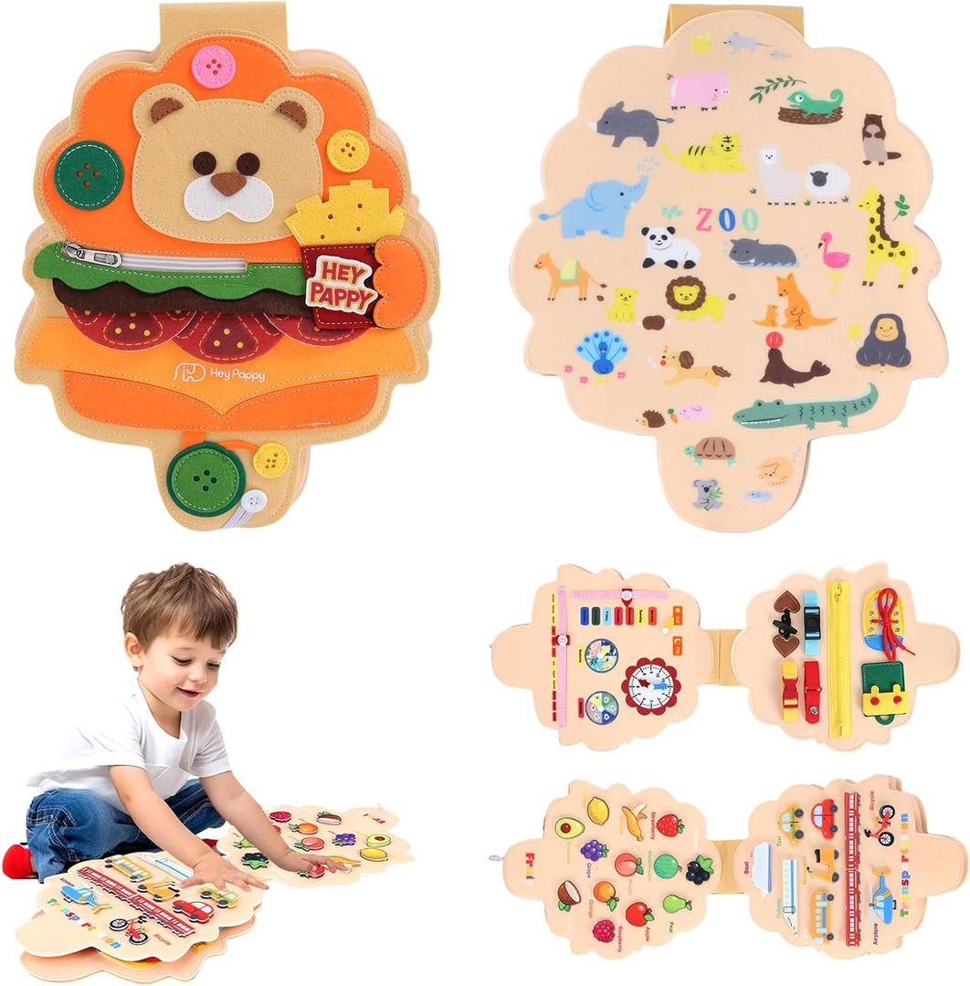 Busy Board, 4 Pages Educational Busy Book Learning Sensory Toys for Toddlers with Fine Motor Skills, Busy Book Toys Gifts, Bear Shape