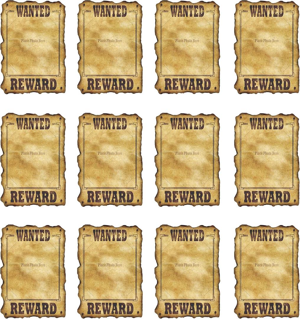 Beistle Western Wanted Signs – 12 Pack, Vintage-Style Wall Poster Decorations Slotted to Hold 8x10 Photos, Old West Party Décor for Western Themes, Cowboy Birthdays, and Saloon Events, 17” x 12”