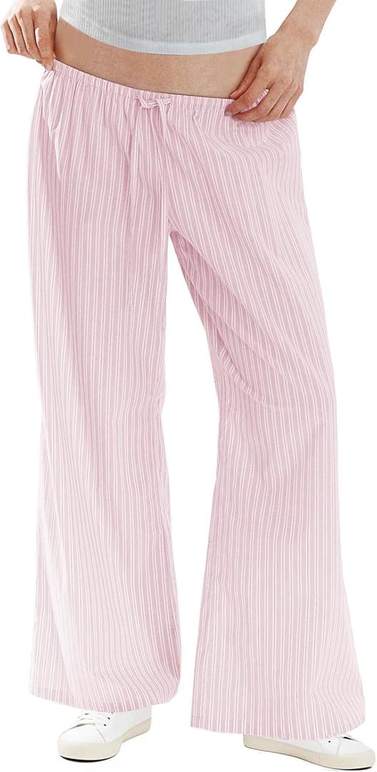 Women's Stripe Pajama Pants: 100% Cotton Thin Lightweight Loose Comfy Home & Lounge Pants with Pockets for Casual (X-Large, Pink)