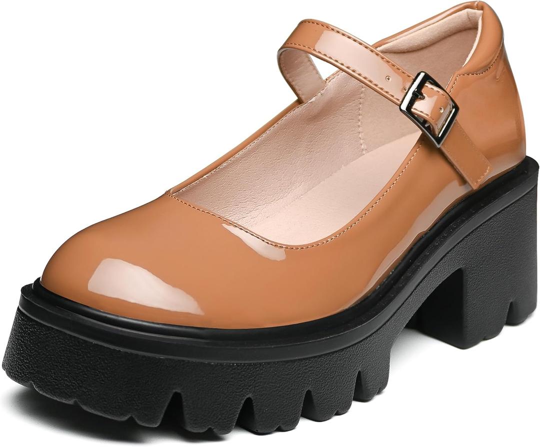Women's Mary Jane Shoes - Platform Mary Janes for Women, Black Leather Round Toe Chunky Dress Shoes with Adjustable Ankle Strap (7, Brown)