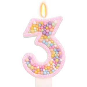 Birthday Candles for Girls - Number 3 Candle, Colorful Macaron Candles, 3 Cake Topper, 3rd Birthday Decorations for Girls, Pig Cartoon Theme Birthday Party Supplies (Pink)
