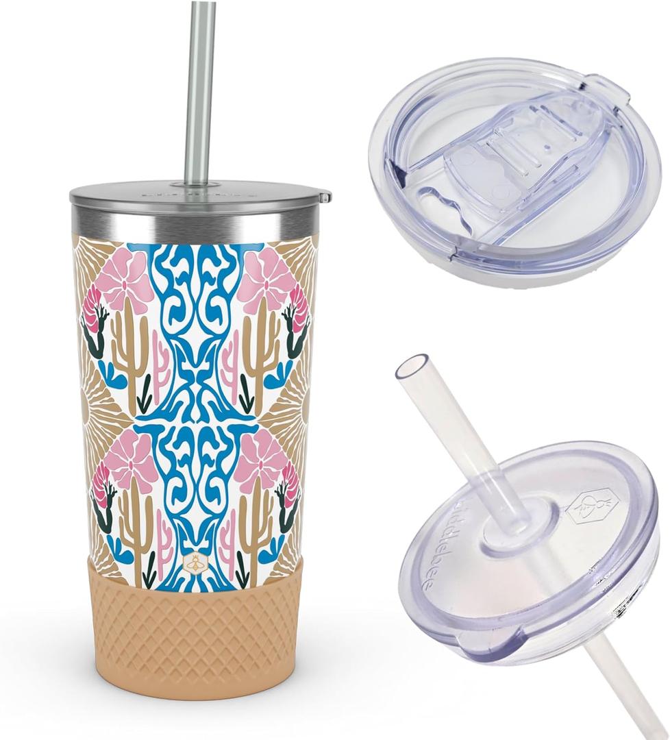 Biddlebee 20oz Insulated Tumbler with Straw and Slider Lids | Cute Stainless Steel Coffee Cup and Water Bottle with Silicone Boot | Gift for Women, Mom or Best Friend | Travel Mug Hot Cold (Desert Dreams)