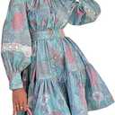 xxxiticat Women's Floral Print Ruffle Dress Long Lantern Sleeve High Neck Button Down Flared Lace Up Bandage Mini Dress M