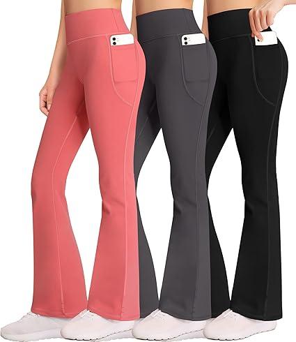 AENLLEY Girl Yoga Flare Wide Leg Tummy Control Stretchy Pants for Causal with Pockets 3 Pack XL