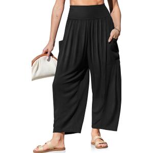 TARSE Womens Linen Wide Leg Pants Casual Loose Elastic Waist Beach Travel Vacation Palazzo Harem Pants with Pockets (Black, S)