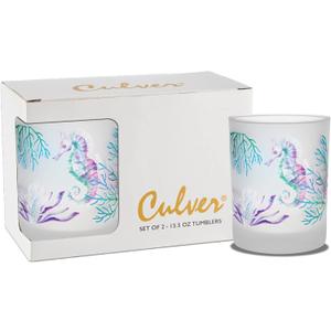 Culver Decorated Frosted DOF Double Old Fashioned Glass, 13.5-Ounce, Gift Boxed Set of 2 (Sealife)