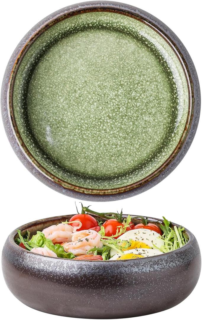 Uaral Ceramic Salad Bowls Set,18 Ounce Black Shallow Bowl Set for Pasta,Dessert or Appetizer,6.5inch,Set of 2(Black and Green)