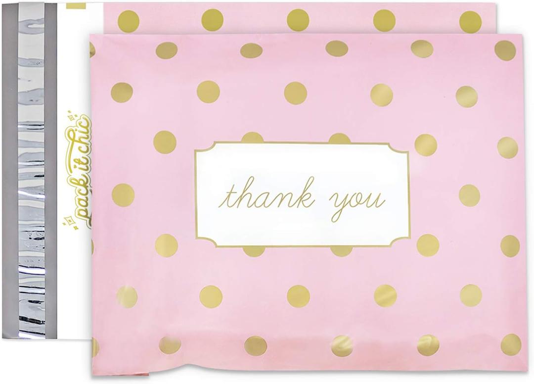 Pack It Chic - 10X13 (100 Pack) Pink Polka Dot - Thank You Poly Mailer Envelope Plastic Custom Mailing & Shipping Bags - Self Seal