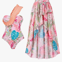 Women's One Piece Swimsuit with Cover up Wrap Skirt Floral Sarong Tummy Control Beach Bikini Set Bathing Suit, L