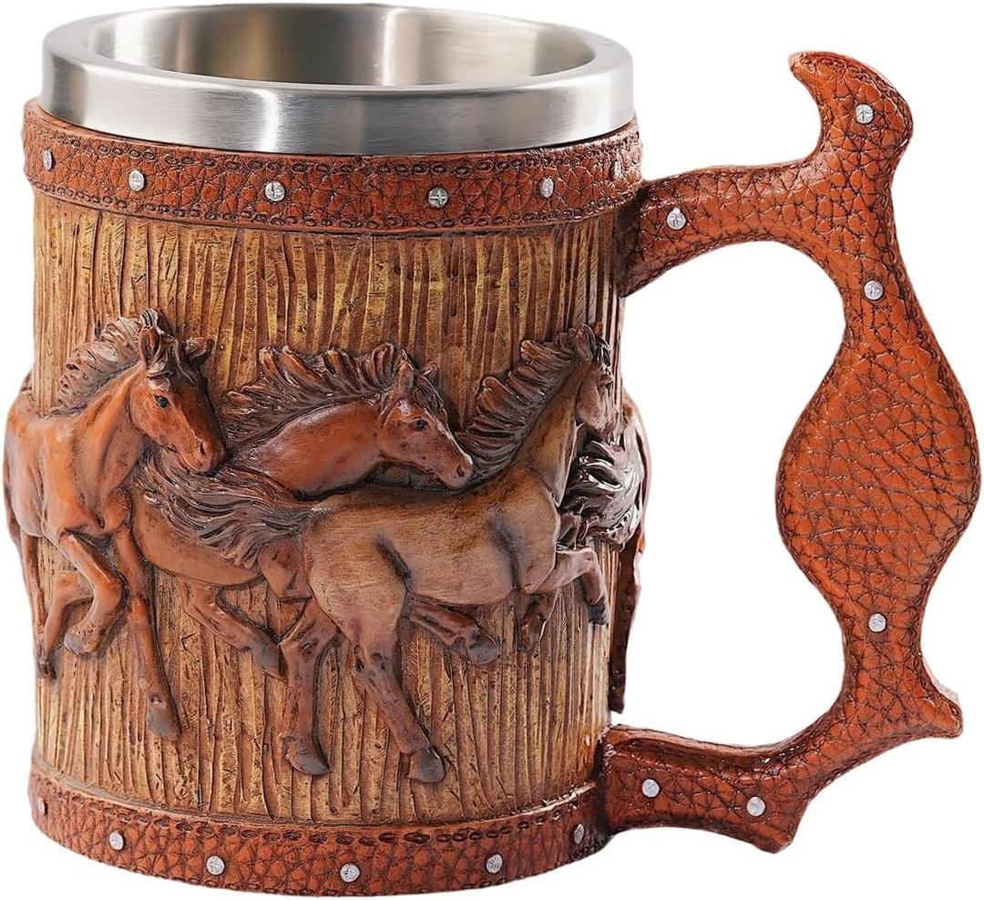 Wooden Barrel Beer Mug, 20oz Stainless Steel Horse Mug Coffee Cup Horses Gifts for Women Men Gift for Birthday Christmas, Gothic Decor Party Decoration Drinkware Gift