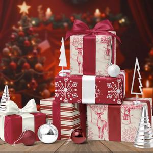 BIOBROWN Christmas Wrapping Paper Rolls - Deer/Snowflake/Stripes/Red Design for Xmas, Winter Party - 30" X 10' Per Roll (4 Rolls: 100 sq. ft. ttl.)