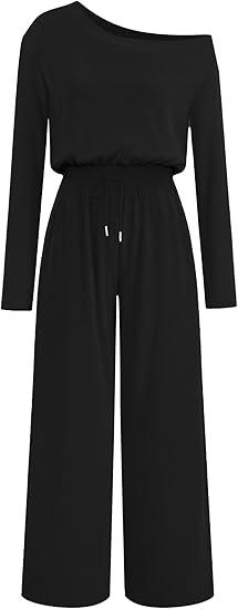 Lazysmile Jumpsuits For Women Dressy Long Sleeve Off Shoulder One Piece Wide Legs Rompers Casual Fall Outfits with Pockets, Size: L