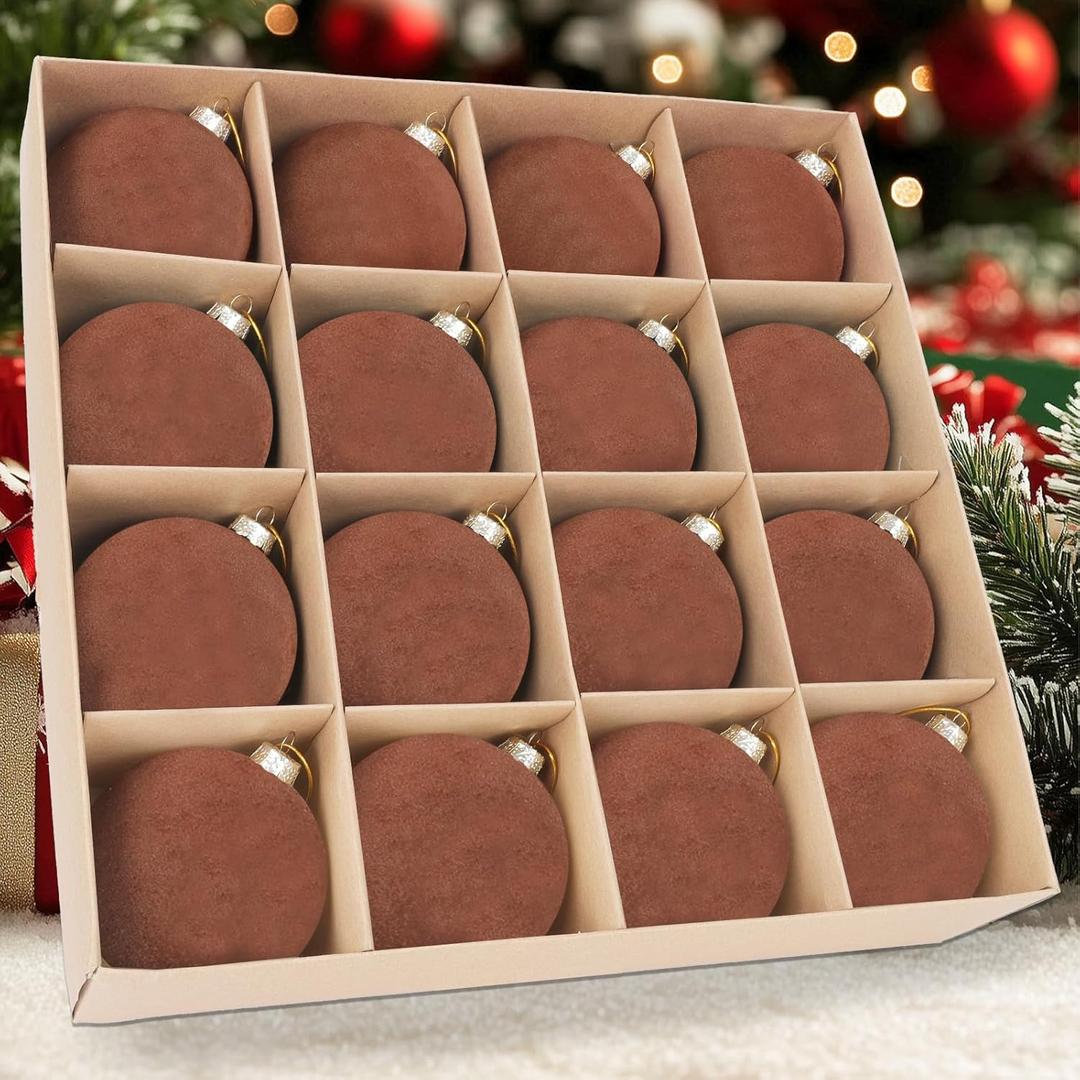 16 Pcs Velvet Brown Ornaments Set for Christmas Tree Decorations - 3.15 Inch Flocked Christmas Balls, Hanging Shatterproof Bulk Bulbs, Xmas Baubles for Wreath, Mantel, Stair Railings, Gift Packages