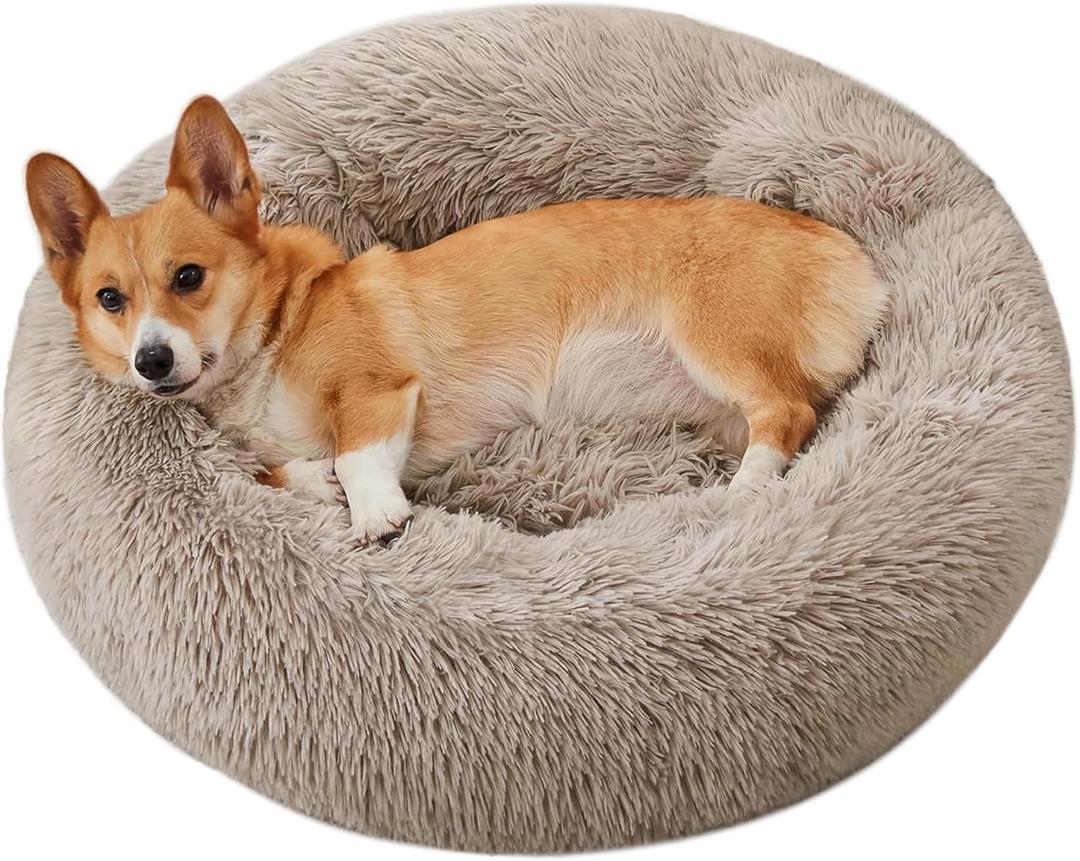 WESTERN HOME WH Calming Dog & Cat Bed, Anti-Anxiety Donut Cuddler Warming Cozy Soft Round Bed, Fluffy Faux Fur Plush Cushion Bed for Small Medium Dogs and Cats 30.0"L x 30.0"W x 8.0"Th (Brown)