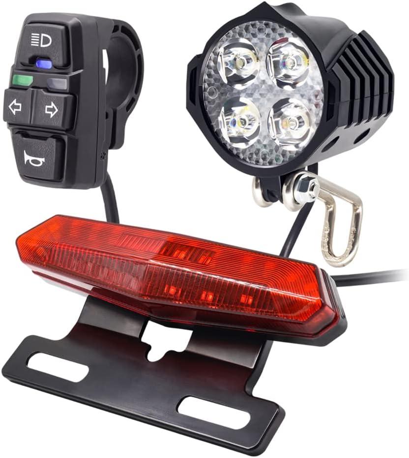 36V 48V Ebike Light Kit, Electric Bike Headlight Horn 100dB, Ebike Tail Light with Turn Signal, Fits Rear Rack Mount Holes 50mm 80mm, Not Compatible with Waterproof Controller or Middle Motor