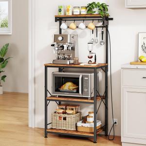 SNTD Kitchen Bakers Rack with Power Outlet 10 Hooks, 4 Tiers Coffee Bar Station Cabinet, Microwave Stand with Storage (Rustic Brown, 21.7 x 14.2 x 49.6 Inch)