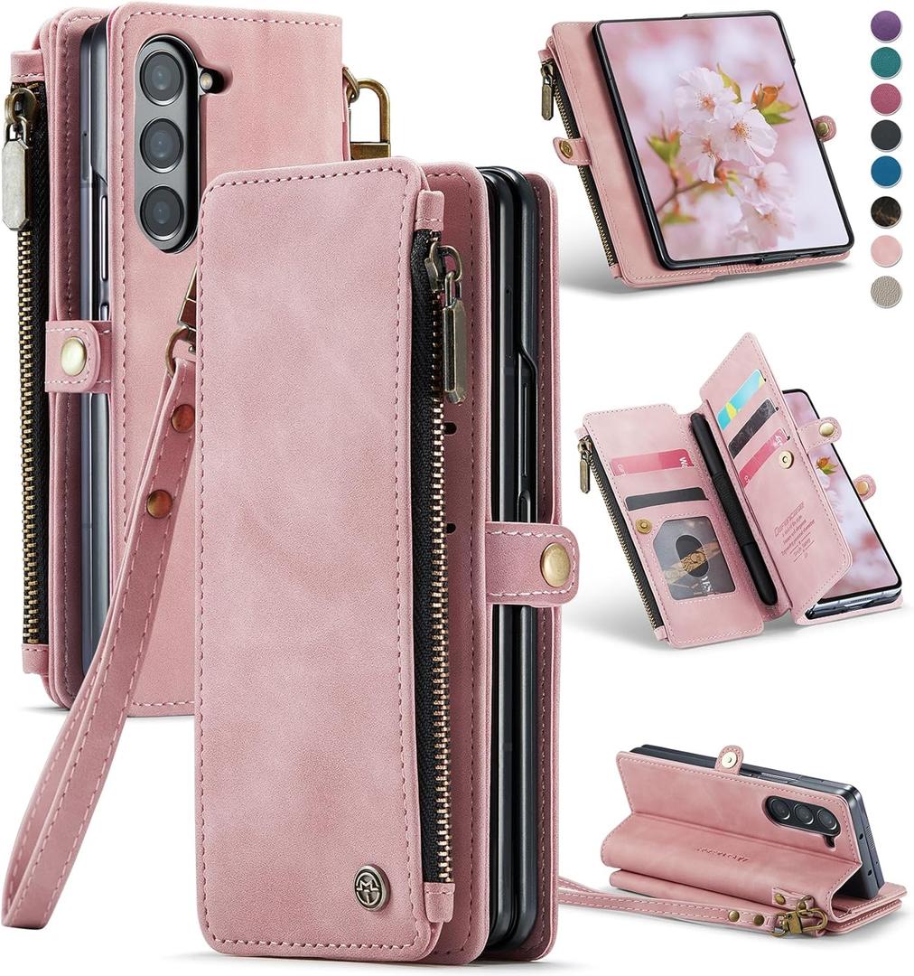 Defencase Wallet Case Compatible with Samsung Galaxy Z Fold 6 with RFID Blocking Card Holder & S Pen Holder PU Leather Magnetic Snap Flip Zipper Strap Phone Case Fit for Galaxy Z Fold 6, Rose Pink