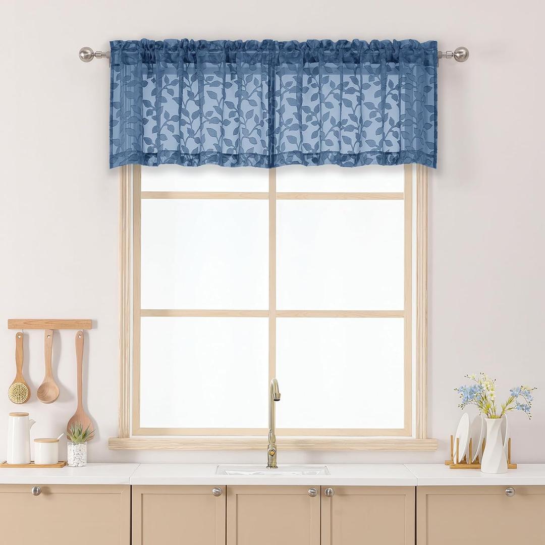 Chyhomenyc Dusty Blue Sheer Valances for Windows 14 Inch Length 2 Pcs, Light Filtering Leaf Textured Cafe Short Kitchen Curtains, Top Small Curtain for Living Room Bedroom Basement, 42" W x 14" L