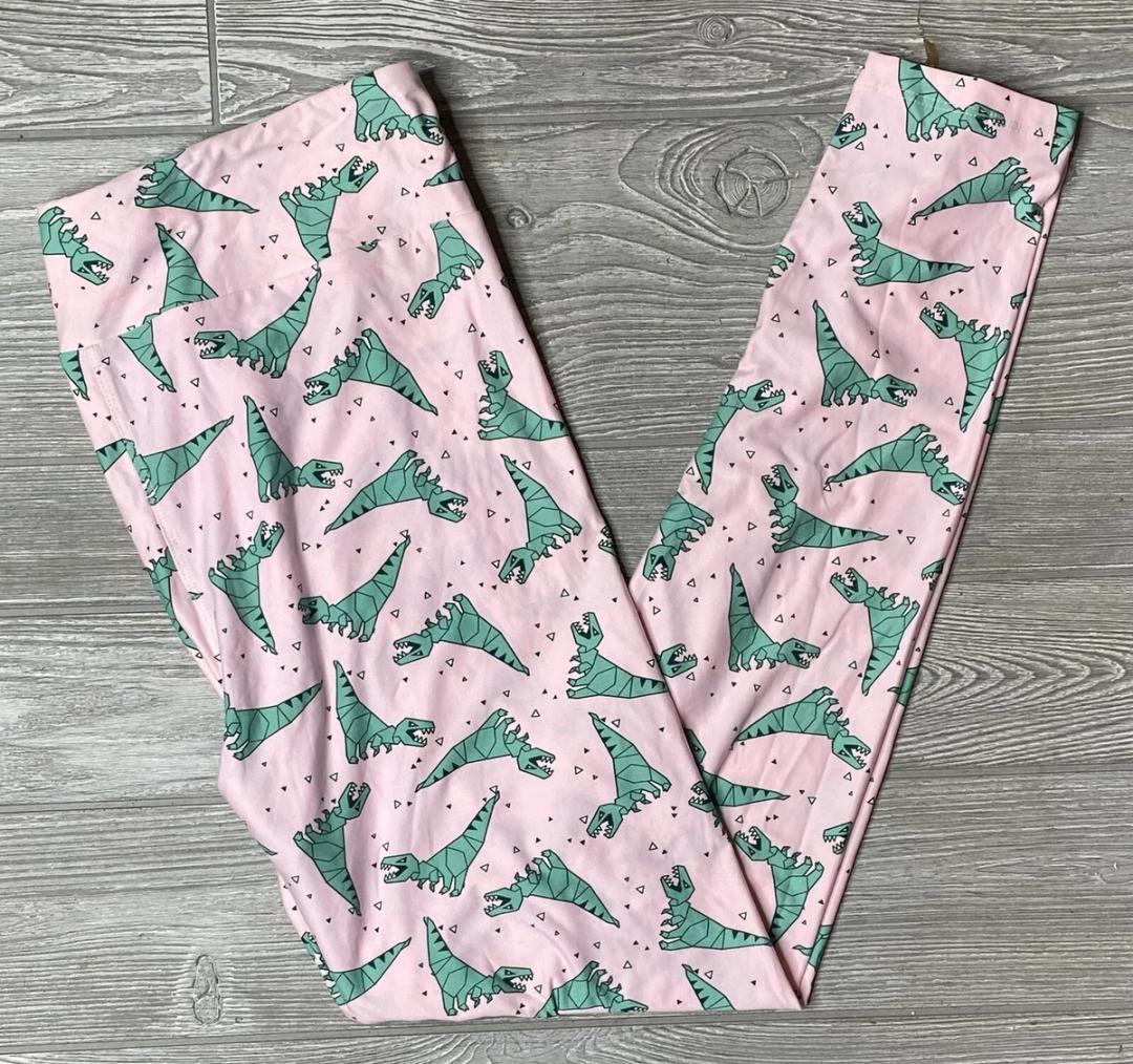 LuLaRoe TC2 Leggings Pink with Green Dinosaurs (TC fits Sizes 12-18)