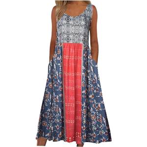 Women's Boho Floral Sleeveless Maxi Sundresses Casual Loose Summer Beach Vacation Tank Dresses with Pockets, S 