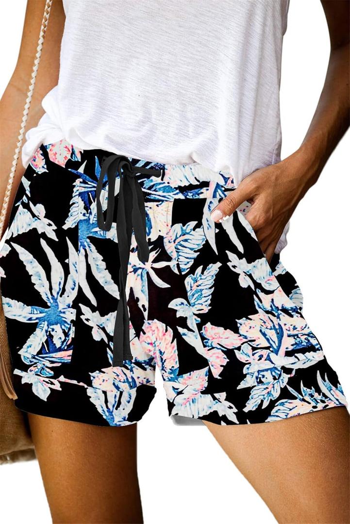 ONLYSHE Womens Casual Drawstring Shorts Summer Elastic Waist Shorts Pocketed Pants (Small, B-black Blue)