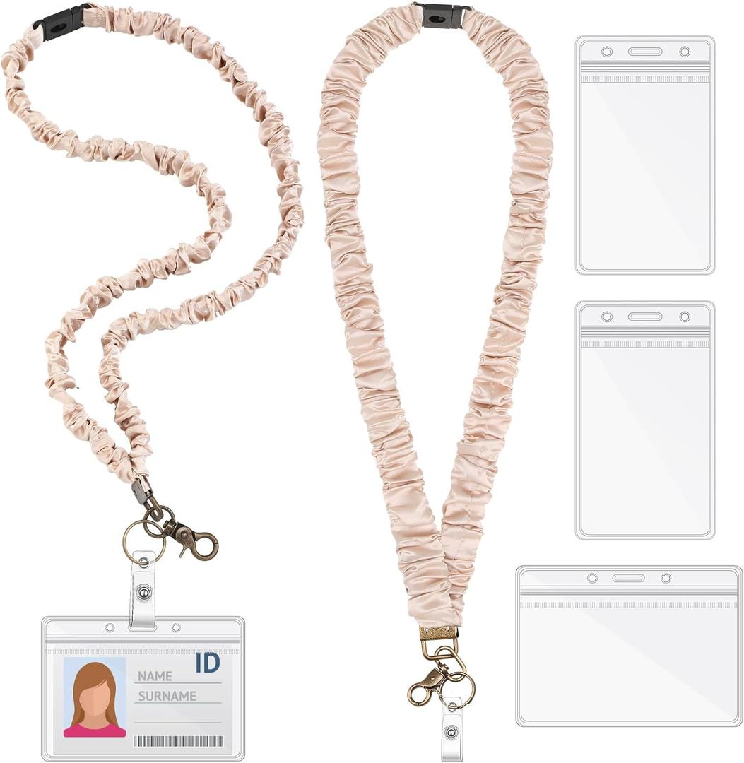Geyoga 2 Set Teacher Scrunchie Lanyard with Safety Breakaway Buckle ID Badges Holder Retractable Lanyard for Office Teacher Gift(Pure Color Style,Beige)