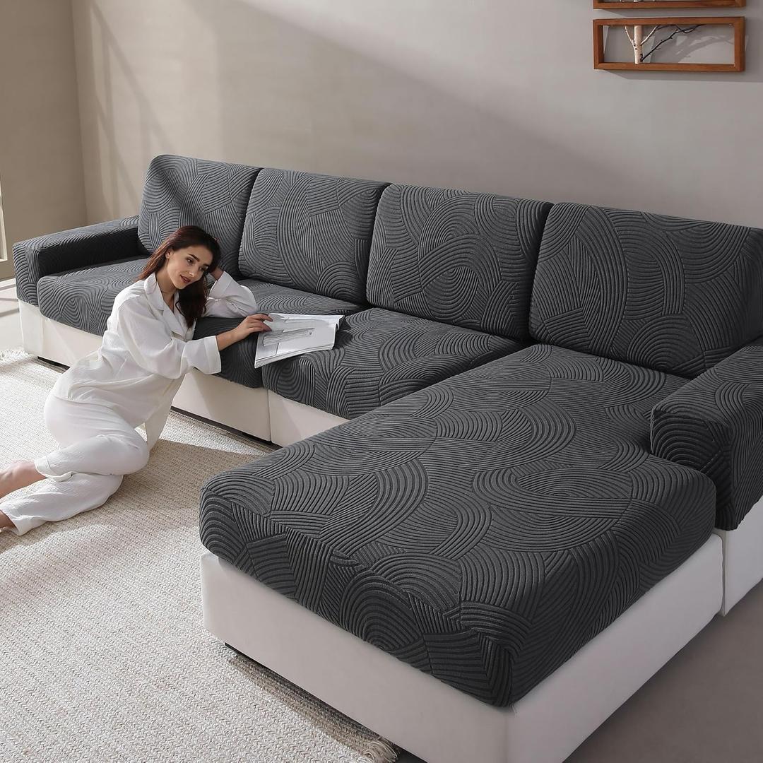 QIANMEW Couch Cushion Covers for Sectional and L Shaped Sofa, Stretch Soft Sofa Covers Washable Wear Resistant Slipcovers Furniture Protector Pet-Friendly (2 Seaters Covers+1 Chaise Cover, Dark Gray)