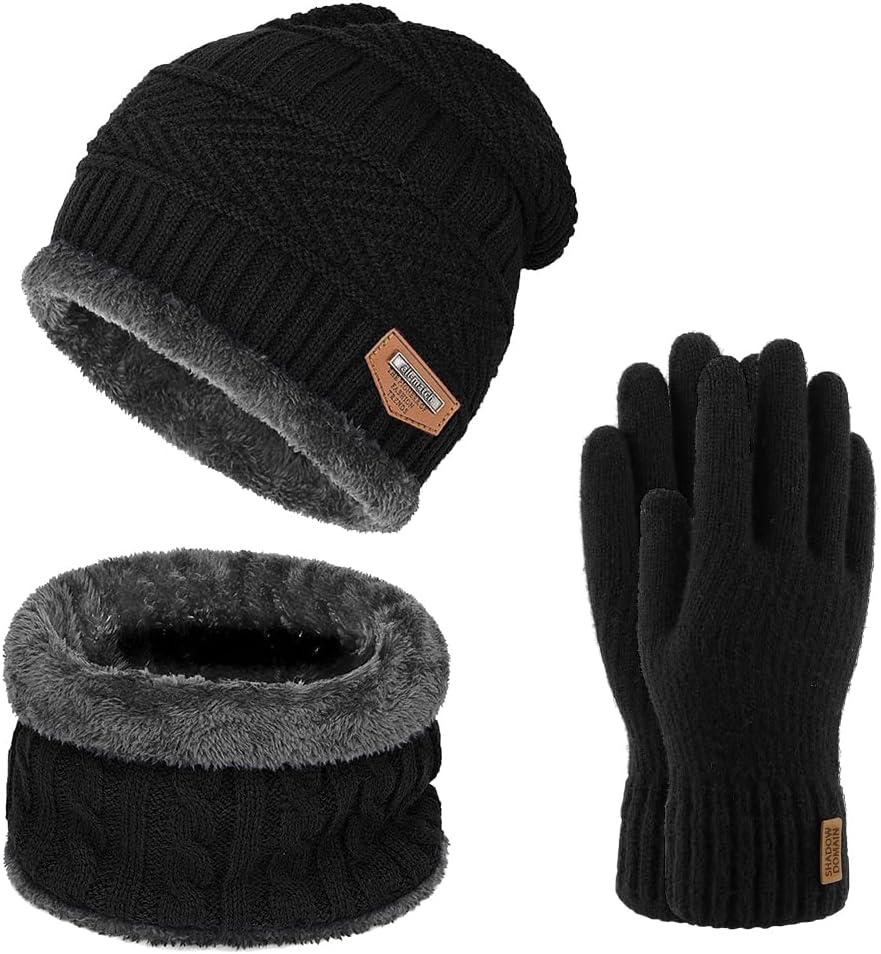 Warm Winter Beanie Hat & Scarf Set Stylish Knit Skull Cap for Men Women (05 Black) (One Size)