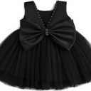 Baby Girls Formal Dress with Large Bowknot Tulle Backless Satin Party Birthday Baby Flower Girl Dresses (Black) 3-6M