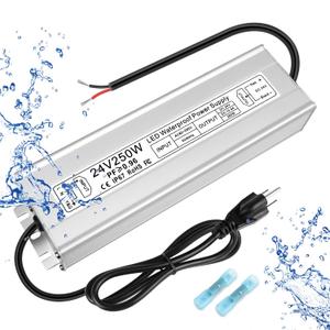 LED Driver 250W 24V Power Supply, IP67 Waterproof Low Voltage Transformer, AC 80-265V to DC 24V 10.4A Converter with 3-Prong Plug 3.3 Feet Cable for Outdoor LED Lights, Industrial, Computer
