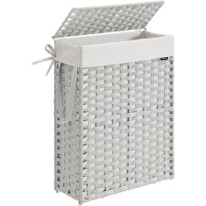 SONGMICS Slim Laundry Hamper with Lid, 14.5 Gallon (55L) Rattan Clothes Laundry Basket with Lid and Handles, Foldable, Removable Liner, Cloud White ULCB164W01 (55 L)