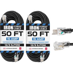 Iron Forge Cable 2 Pack 12 Gauge Outdoor Extension Cord 50 Ft, SJTOW 12/3 Heavy Duty Extension Cord 3 Prong - Oil Resistant & Flame Retardant (Black)
