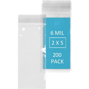 GPI - 6 Mil, Extra Heavy-Duty, 2" x 5" Clear Plastic Reclosable Zip Bags, Puncture-Resistant, Strong Resealable Poly Bags, With Lock Zipper Seal, For Screws, Nuts, Bolts & Constuction, 200 Count