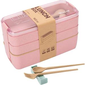 Rarapop Pink Stackable Bento Box Japanese Lunch Box Kit with Spoon & Fork, 3-In-1 Compartment Wheat Straw Meal Prep Containers for Kids & Adults