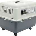 SportPet Airline Compliant MEDIUM 24.25" Travel Dog Kennel-Durable Plastic Airline Pet Carrier w/Removable Wheels & Food Bowls, Collapsible Indoor/Outdoor Dog Kennel, Dogs up to 23"L & 15"H-Cream/Gray