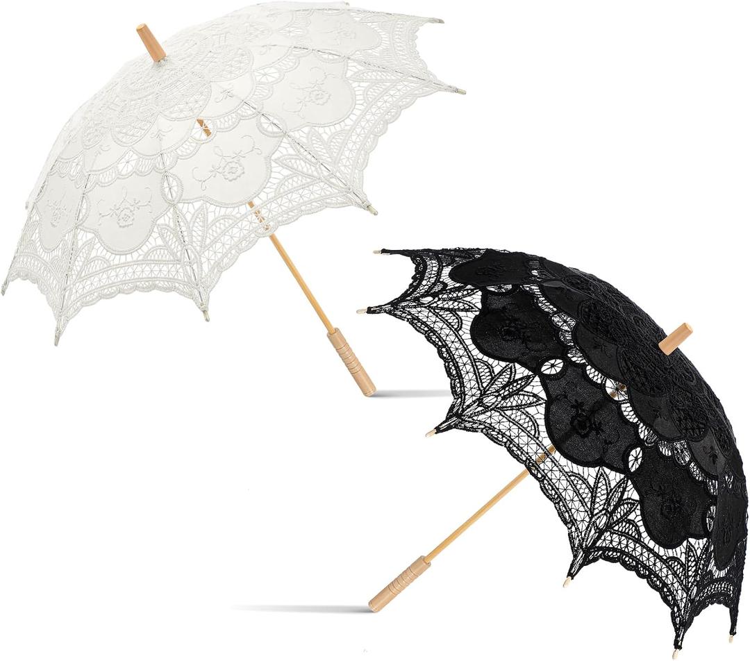 Beeveer 2 Pack Bride Groom Lace Parasol Umbrella Vintage Wedding Bridal Umbrella for Decoration Photo Tea Party Women's Clothing Wedding 1920s Party