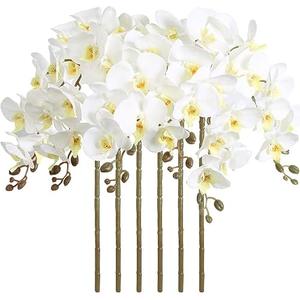 ICBOX 38" White Orchids Artificial Flowers Velvet Silk Orchids, 6 PCS Faux Orchids Long Stem Artificial Flowers for Tall Vase & Home Wedding Decoration(White)