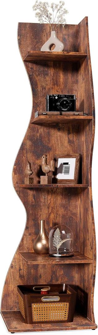 LITTLE TREE Small Corner Shelf, Modern 5-Tier Wall Corner Bookshelf, Stylish Bookcase Storage Rack for Small Space, Living Room, Bedroom (1 Pack, Rustic)