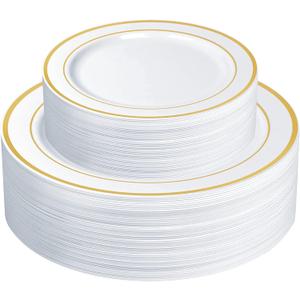 SETUP 60-Piece Gold Trim Plastic Dinnerware Set  30 10.25" Dinner & 30 7.5" Salad Plates  Heavy-Duty Disposable for Weddings, Catering, Parties