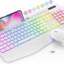 Wireless Keyboard and Mouse Combo, 9 Backlit Effects, Wrist Rest, Phone Holder, 2.4G Lag-Free Ergonomic Keyboards, Rechargeable Silent Cordless Set for Computer, Laptop, Mac, Windows -SABLUTEWhite (Cloudy White)